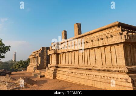 Unfinished Rayar Gopuram temple with Lighthouse in background, Mahabalipuram, Mamallapuram, India Stock Photo