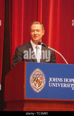 Martin O'Malley, an American politician and former Governor of Maryland, speaks at a podium at the Johns Hopkins University, Baltimore, Maryland, October 10, 2007. From the Homewood Photography Collection. () Stock Photo