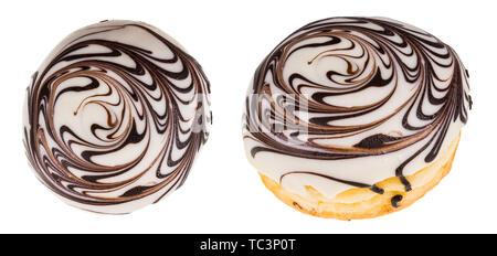Two sweet baked donuts stuffed with nougat filling. Round filled doughnuts decorated by chocolate glaze, beautiful brown ornament. Unhealthy fat food. Stock Photo
