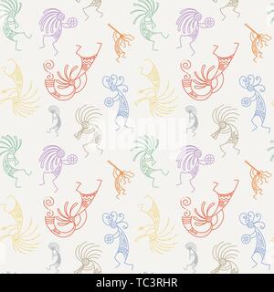 Hand drawn Kokopelli seamless pattern. Stylized mythical characters playing flutes. Vector art for prints. design, cards, children and coloring books, Stock Vector