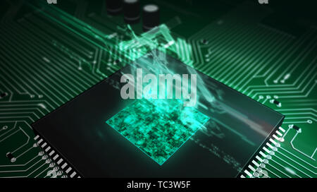 Smart home controlling concept with house hologram over cpu in background. Circuit board 3d illustration. Futuristic animation of iot, intelligent bui Stock Photo