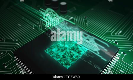 Concept of cyber security, computer protection, coding and encryption with digital key hologram over working cpu in background. Circuit board 3d illus Stock Photo