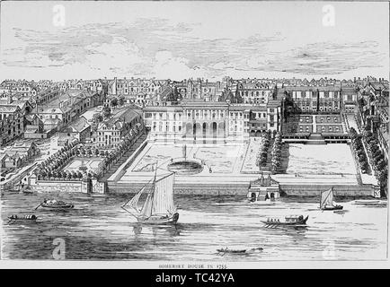 Engraving of the Somerset House, viewed from the Thames River, London, England, from the book 'Old and new London: a narrative of its history, its people, and its places' by Thornbury Walter, 1873. Courtesy Internet Archive. () Stock Photo