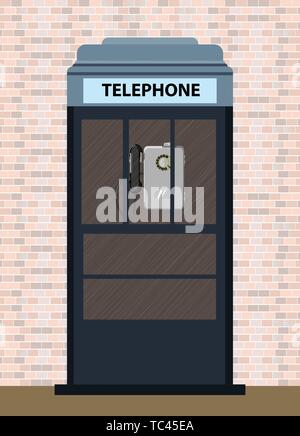 Gray telephone booth on a brick wall background. Vector illustration. Stock Vector