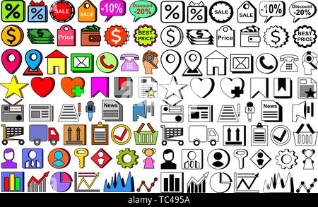 Web Icons Set. 100 pc (Color, Black&White), 100% vector. Resize to any size. Easy color change.  Design elements for mobile and web applications. Stock Vector