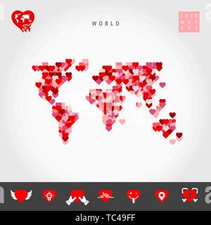 I Love This World. Red and Pink Hearts Pattern Vector Map of the World Isolated on Grey Background. Love Icon Set. Stock Vector