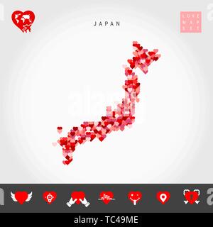 I Love Japan. Red and Pink Hearts Pattern Vector Map of Japan Isolated on Grey Background. Love Icon Set. Stock Vector