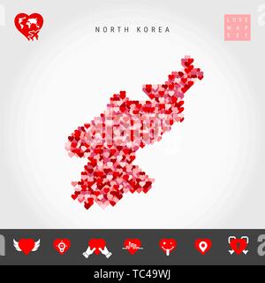 I Love North Korea. Red and Pink Hearts Pattern Vector Map of North Korea Isolated on Grey Background. Love Icon Set. Stock Vector