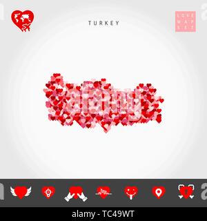 I Love Turkey. Red and Pink Hearts Pattern Vector Map of Turkey Isolated on Grey Background. Love Icon Set. Stock Vector