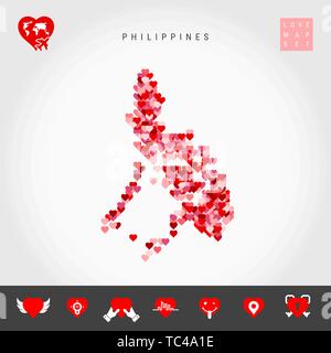 I Love Philippines. Red and Pink Hearts Pattern Vector Map of Philippines Isolated on Grey Background. Love Icon Set. Stock Vector