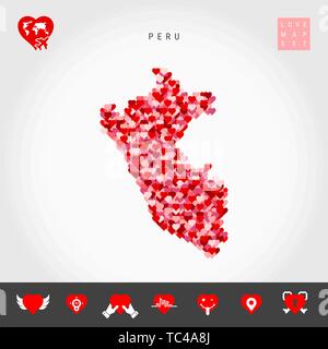 I Love Peru. Red and Pink Hearts Pattern Vector Map of Peru Isolated on Grey Background. Love Icon Set. Stock Vector