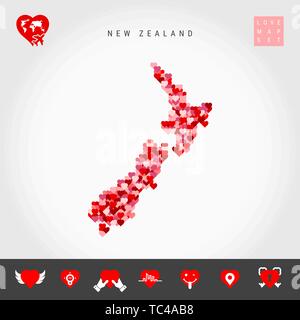 I Love New Zealand. Red and Pink Hearts Pattern Vector Map of New Zealand Isolated on Grey Background. Love Icon Set. Stock Vector