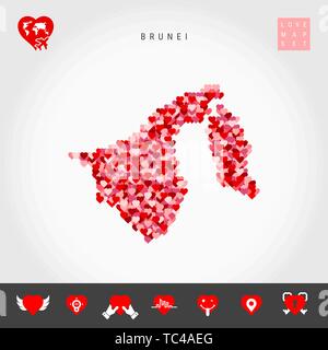 I Love Brunei. Red and Pink Hearts Pattern Vector Map of Brunei Isolated on Grey Background. Love Icon Set. Stock Vector