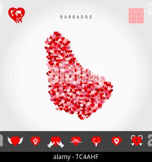 I Love Barbados. Red and Pink Hearts Pattern Vector Map of Barbados Isolated on Grey Background. Love Icon Set. Stock Vector