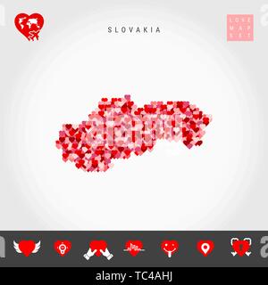 I Love Slovakia. Red and Pink Hearts Pattern Vector Map of Slovakia Isolated on Grey Background. Love Icon Set. Stock Vector