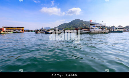 Monkey Island fishing rafts in South Bay, Hainan, China Stock Photo