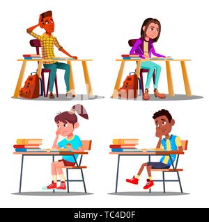 Characters Bored Pupils During Lesson Set Vector Stock Vector
