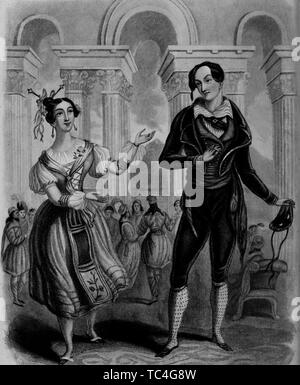 Engraved portrait of Madame Vestris and Mr. Charles Mathews in the 'Farce of One Hour' at the Olympic Theatre, London, from the book 'The World of fashion and continental feuilletons' published by John Bell, 1824. Courtesy Internet Archive. () Stock Photo