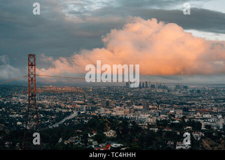 Sunset view of downtown from Runyon Canyon Park in the Hollywood Hills, Los Angeles, California Stock Photo