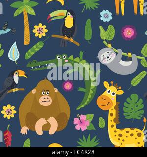 Seamless pattern with cute animals from the jungle. Illustration for backgrounds, card, posters, banners, textile prints, cover, web design Stock Vector