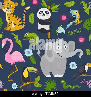 Seamless pattern with cute animals from the jungle. Stock Vector