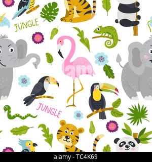 Seamless pattern with cute animals from the jungle. Stock Vector
