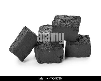Pieces of coal for hookah on white background Stock Photo