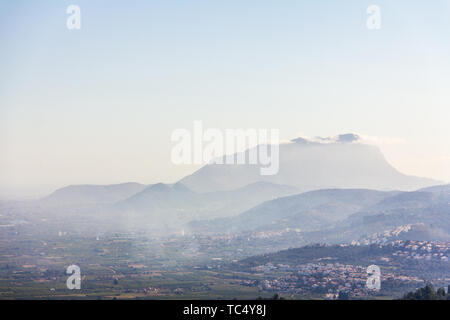 Panoramic view of Montgó mountain and Rectoria Valley in Marina Alta, Alicante, Spain. View from Vall de Laguar town. Stock Photo