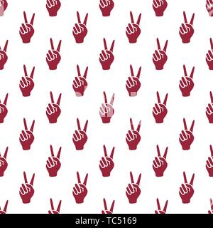 Seamless vector pattern with victory gesture. Two fingers raised up. Gesturing of peace and success. Design for textile, banner, poster or print. Stock Vector