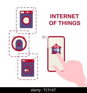 Person's hand operating smart home appliances with device. Remote control from the device of dishwasher, washing machine, robot vacuum cleaner. Using  Stock Vector