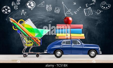 Back to school. Car delivering books and apple against school blackboard with education symbols. Seamlessly looped 4k animation. Stock Photo