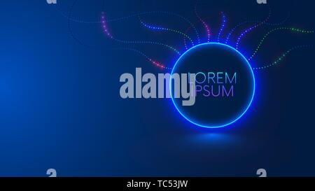 Title design in round or circle frame. Background or banner of digital technology presentation. Shining neon lights dots of signal on abstract smooth Stock Vector