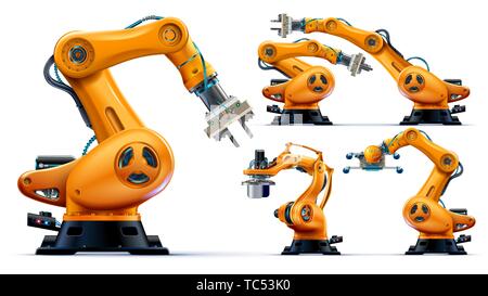 Automated orange robotic arms or industry 3d manipulator positioner Isolated on white background. Hydraulic mechanical robot on factory. Machine crane Stock Vector