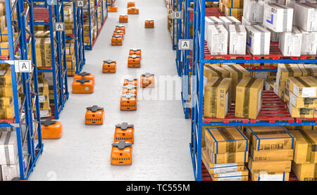3d render image of drones moving inside a modern warehouse full of goods stored on shelves. Stock Photo