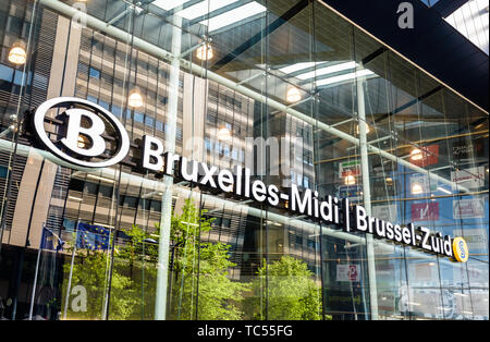 Close-up view of the sign on the front of Brussels-South railway station in Brussels, Belgium. Stock Photo