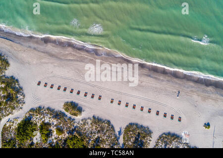 Captiva Island Florida,Gulf of Mexico beach waves surf lounge chairs,aerial overhead view,FL190508d08 Stock Photo