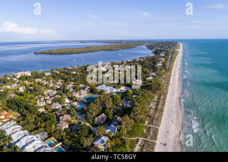 Captiva Island Florida,Pine Island Sound Gulf of Mexico beach Roosevelt Channel,Buck Key Preserve,beach waves,homes,aerial overhead view,FL190508d21 Stock Photo