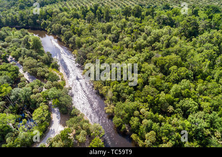 Florida,Zolfo Springs,Peace River water,Pioneer Park Hardee County Wildlife Refuge,aerial overhead bird's eye view above,visitors travel traveling tou Stock Photo