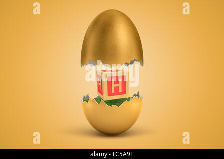 3d rendering of gold egg cracked in two, upper half levitating in air, lower on ground, with small wooden ABC block with letter H on sides between two Stock Photo