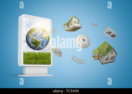 3d rendering of small billboard with earth globe, houses and gear wheels flying out on blue background Stock Photo