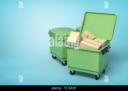 3d rendering of green trash bins with cardboard boxes inside on blue background Stock Photo