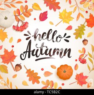 Hello Autumn banner in frame of autumn leaves. Stock Vector