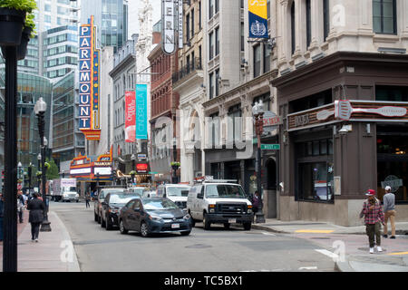 Washington Street in Boston with signs for the Emerson College's Paramount Theater and the Boston Opera House Stock Photo