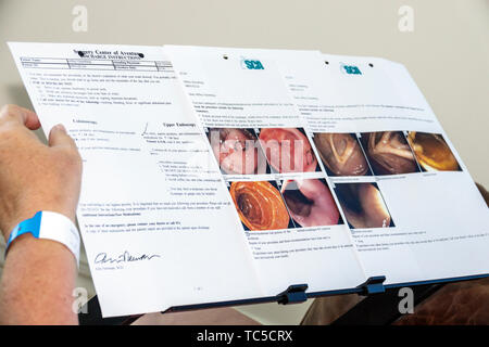 Miami Beach Florida,patient medical report results,colonoscopy upper endoscopy,intestine digestive tract photos,alimentary canal,discharge instruction Stock Photo