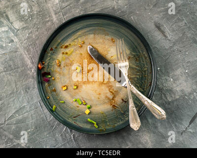 Dirty dish and silverware cutlery on gray background, top view or flat lay. Empty dirty craft plate with fork and knife on gray textured background. Stock Photo