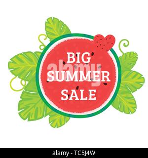 Big Summer Sale. Watermelon round with tropical leaves. Vector illustration isolated on white. Stock Vector