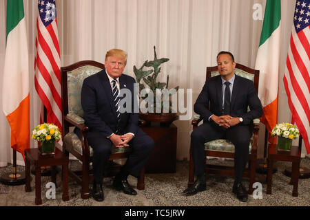 US President Donald Trump (left) and Taoiseach Leo Varadkar hold a bilateral meeting at Shannon Airport, on the first day of the president's visit to the Republic of Ireland. Stock Photo