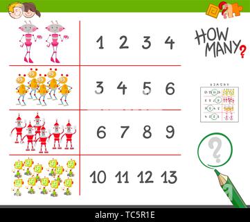 Cartoon Illustration of Educational Counting Task for Children with Funny Robots Characters Stock Vector