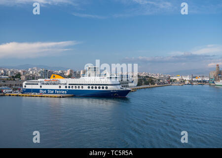 Blue Star ferry in the port of Piraeus near Athens Stock Photo