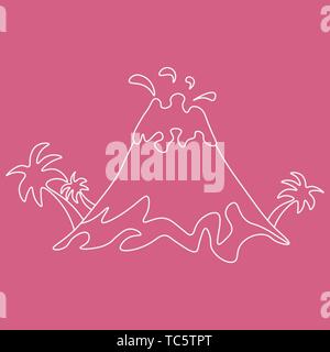Contour of volcanic eruption with palm trees. Isolated on pink background. Vector illustration. Stock Vector